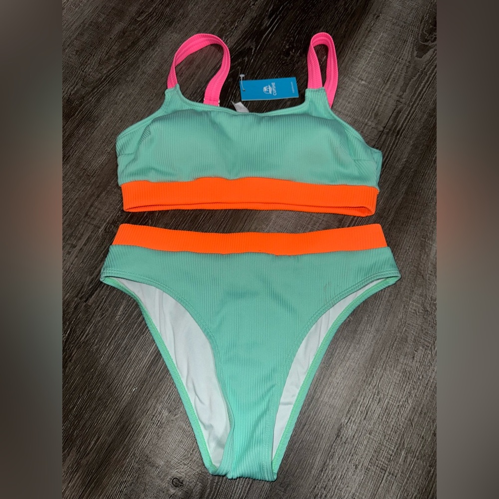 Cupshe Rib Neon Colorblock Scoop Neck Top & Hipster Bikini Set Size Medium NEW - Picture 2 of 5